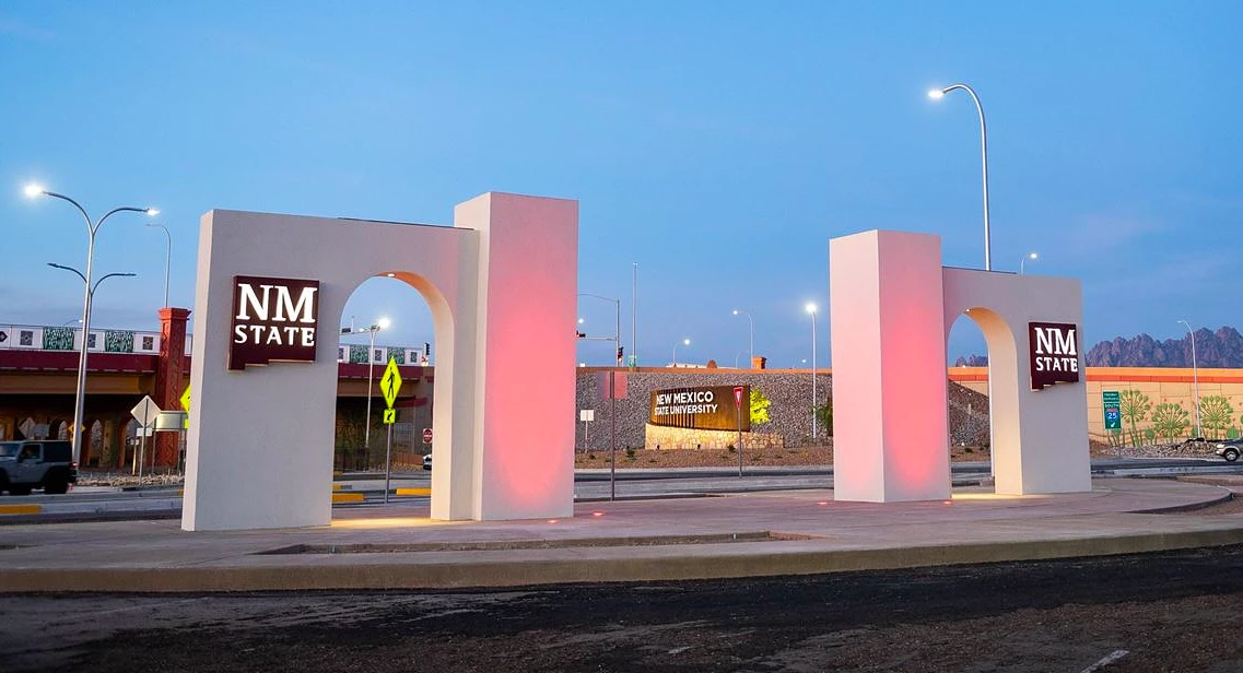 Signs for NMSU are pictured outside
