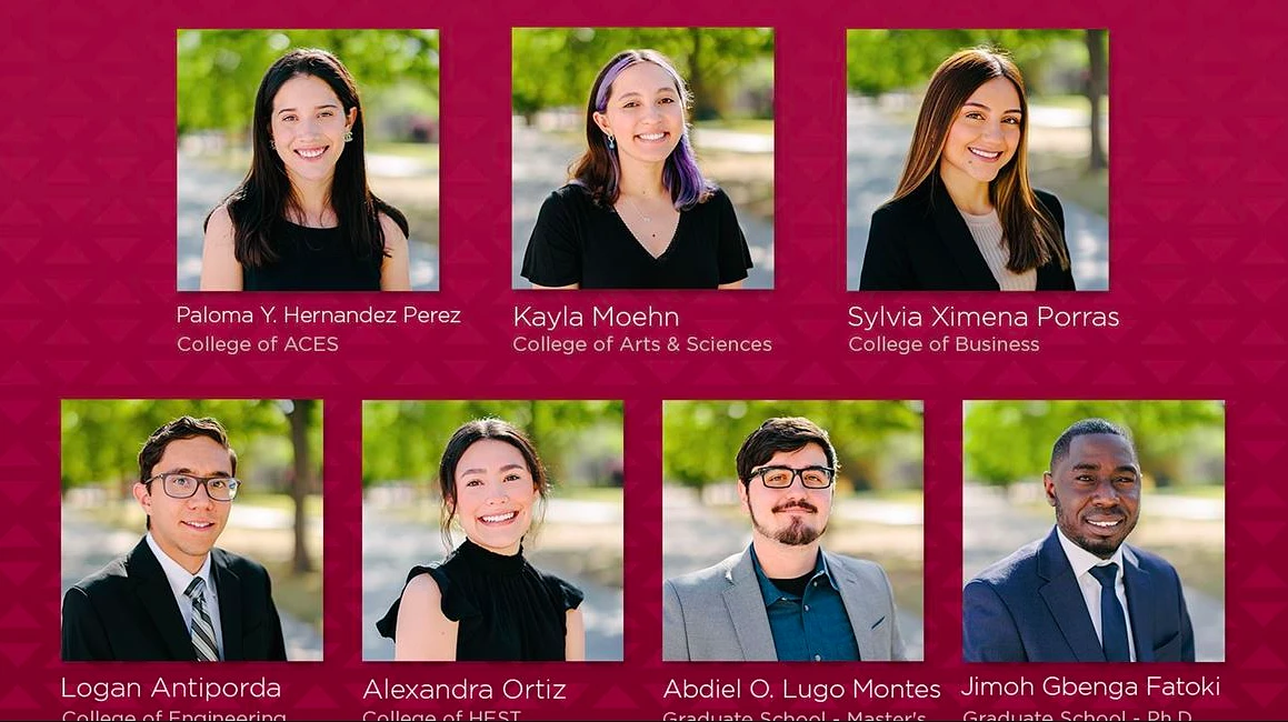 Headshots of 7 people are pictured on a red background